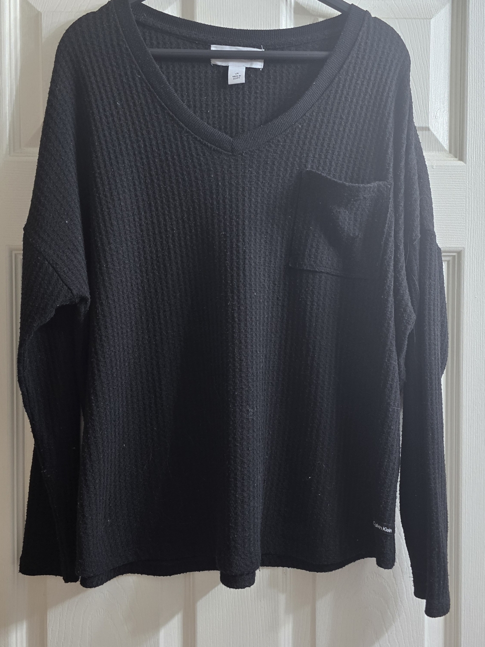 Calvin Klein Black V-Neck Waffle Knit Pullover with Chest Pocket